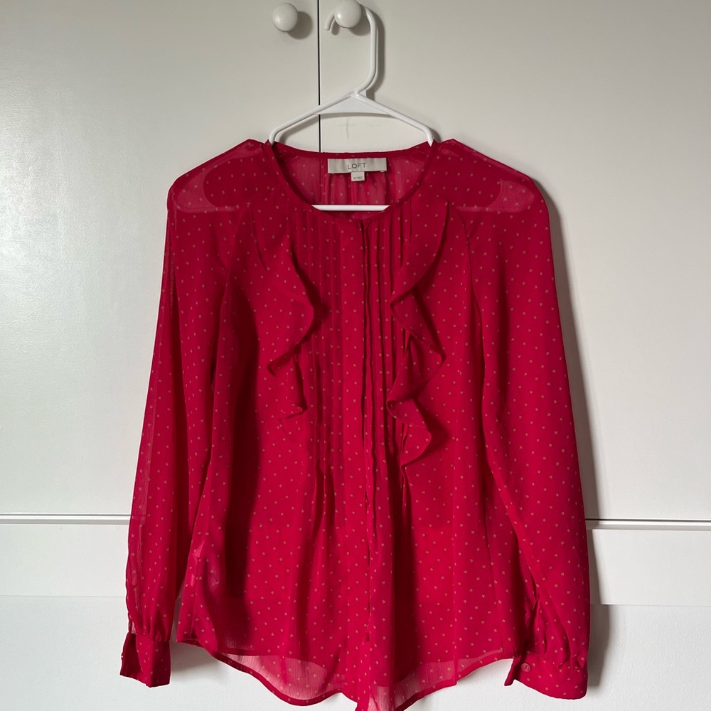 LOFT Hot Pink Ruffle-Front Long Sleeve Blouse
